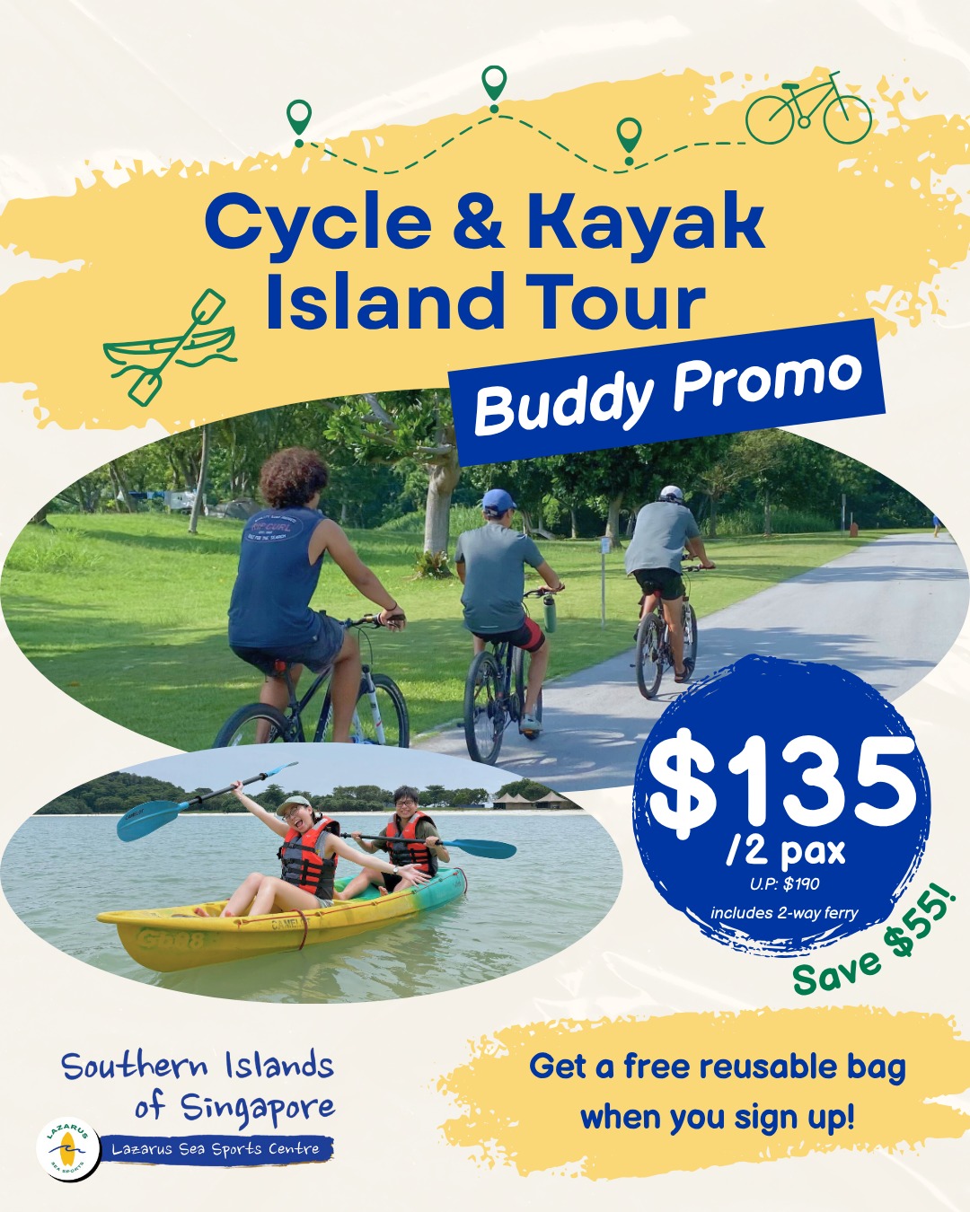 LSSC Cycle & Kayak Island Tour (inclusive of 2 way ferry tickets)